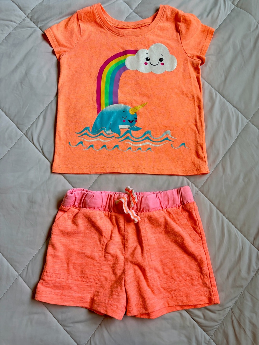 Children's Place/Carter’s Girls 3T Neon/Coral Narwhal Tee/Matching Short Set